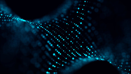 Abstract blue background with moving glowing particles. Big data. 3D rendering.