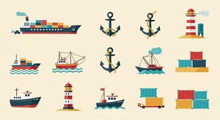 Obraz premium Flat design vector illustration of various nautical and marine transportation elements