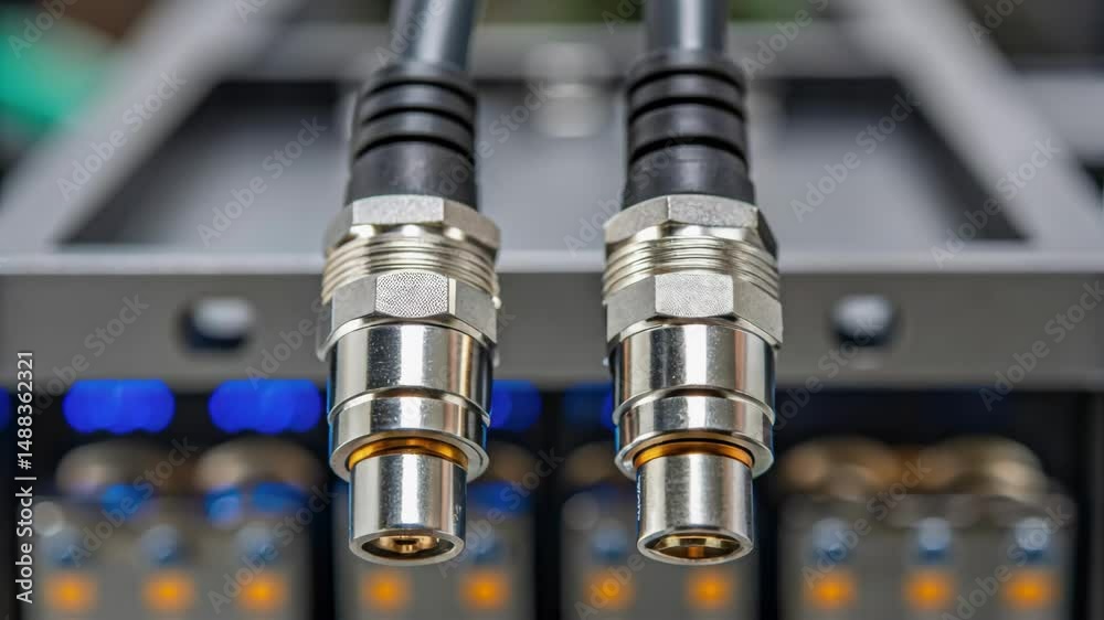 Aufkleber close up on two hanging connectors with blinking lights in background