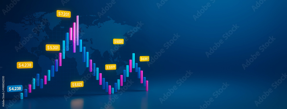 Poster Colorful financial chart with glowing bars and currency values on a dark blue world map background for forex market and investment concept mockup.
