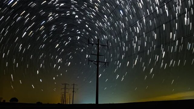 Witness the mesmerizing movement of stars illuminating the night sky above tall power lines in a serene rural landscape. Night time lapse.