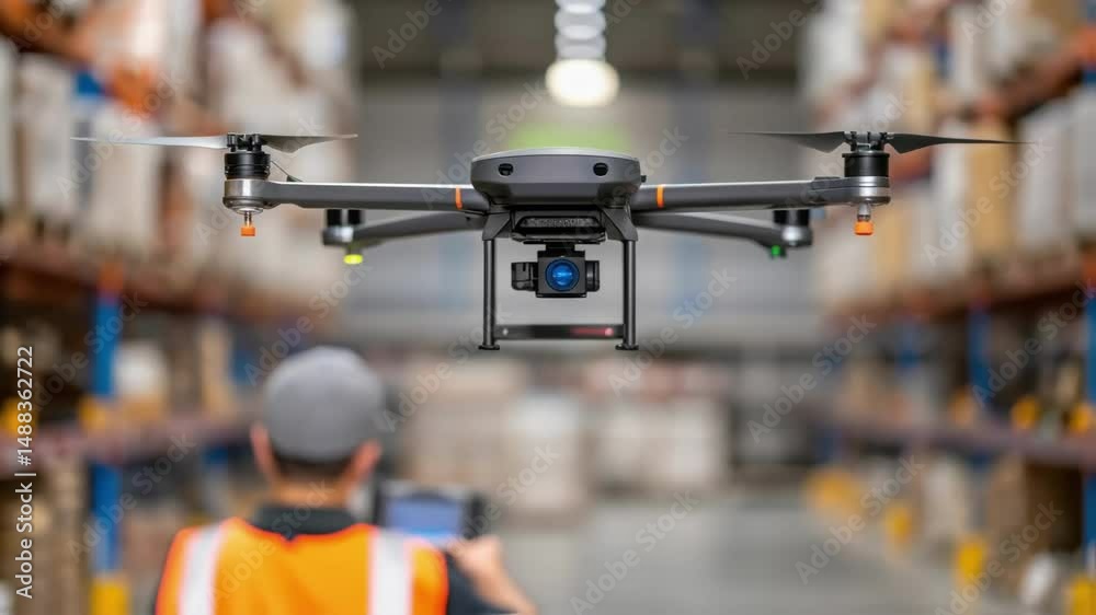 Aufkleber warehouse logistics automation, drone hovering, operator controlling flight