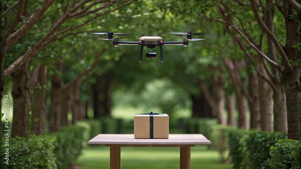 Poster drone delivering package to a table in a green park