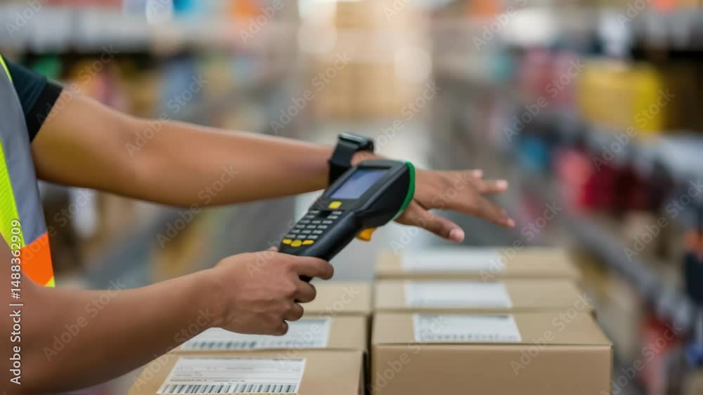 Aufkleber warehouse worker scanning packages with handheld scanner