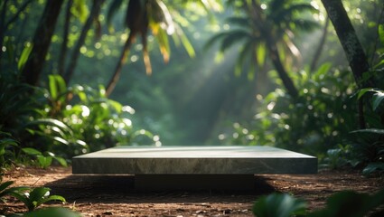 Tropical forest stone pedestal for showcasing products and lush greenery