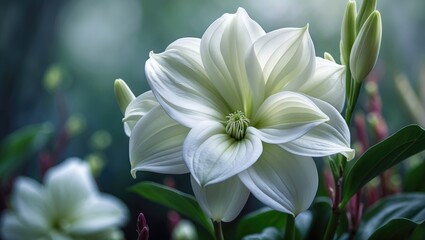 Fototapeta premium Garden scene with blooming Hippeastrums flower and snow drift