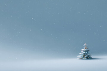serene winter landscape featuring solitary pine tree blanketed in light layer of snow