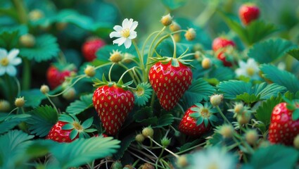 Wild strawberry plant featuring a macro view of its flowers