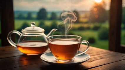 Fototapeta premium Morning tea with teapot on wooden surface in outdoor setting