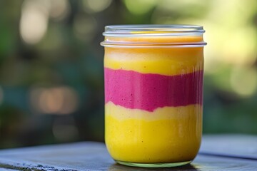 Delicious multi layered smoothie with vibrant colors, a healthy breakfast beverage, served in a glass jar.