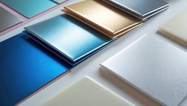 Metallic laminated samples displaying a variety of colors set against a white background with clipping path.