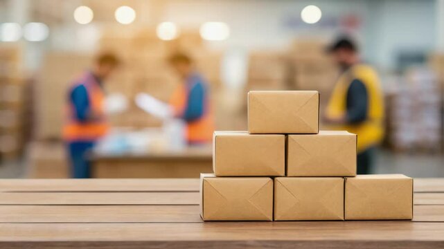 Cardboard boxes stacked on table in warehouse