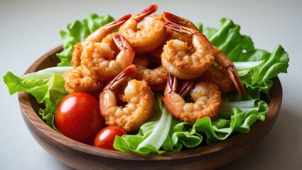 A wooden plate features batter-fried shrimp alongside lettuce and tomatoes.