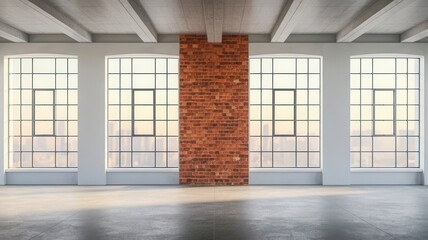 Bright open space with brick wall and concrete floor in a loft building