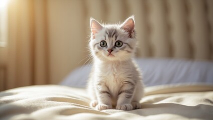 Close-up of an adorable kitten perched on the bed