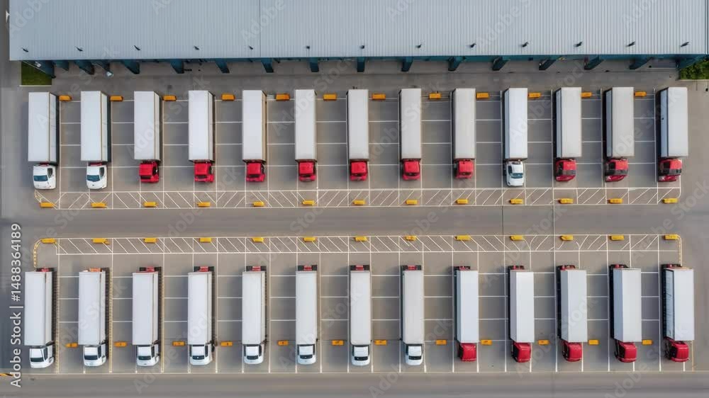 Poster trucks parked at logistics hub during loading operations