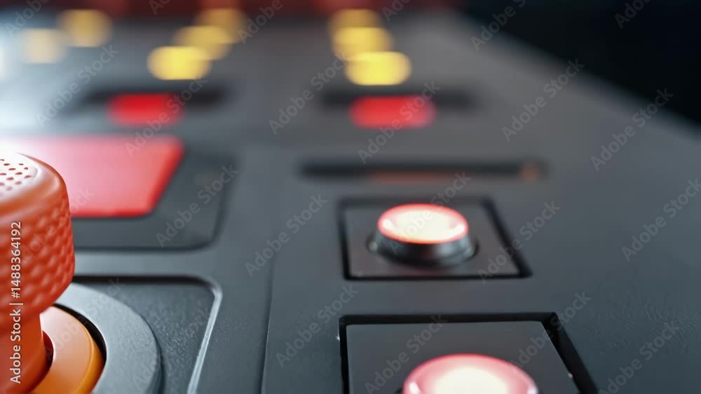 Poster orange knob turning on a futuristic control panel with red lights