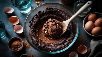 Large bowl with melted chocolate and cocoa powder blended to form dough for delectable brownies next to ingredients and cooking utensils, bird's eye view.