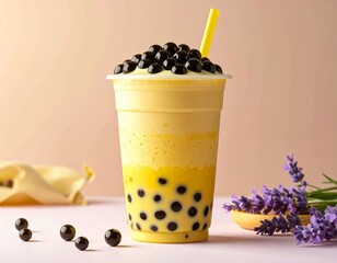 A creamy yellow bubble tea with tapioca pearls and a yellow straw