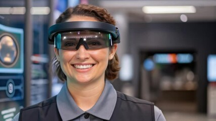 Woman engineer wearing augmented reality glasses smiling in laboratory - Powered by Adobe