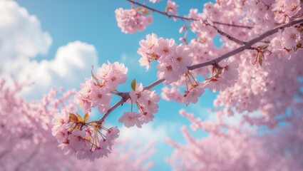 Blooming cherry branch with pink flowers in springtime