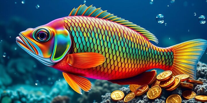 Vibrant fish with shimmering scales & golden coins amidst ocean waves, currency, swimmer - Powered by Adobe