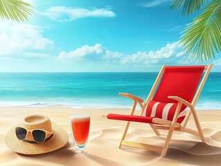 Relaxing Beach Scene with Deck Chair and Refreshing Drink