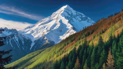 Fototapeta premium Image of a mountain peak covered in snow with a forest in the mountainous region