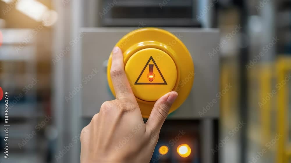Poster Worker pressing emergency button in factory