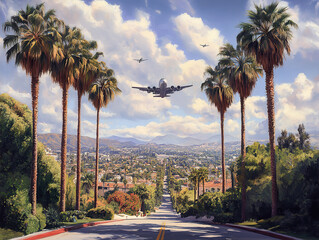 Beverly Hills Palm Trees and Airplane Travel Vibes in Blue Sky