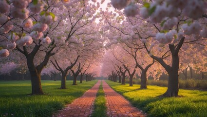Fototapeta premium Path through Farms with Cherry Blossom Trees