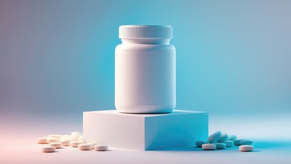 Mockup of a white pill jar on a plain background. Concept of health supplements, pharmacy, and vitamins. Visual for your design.