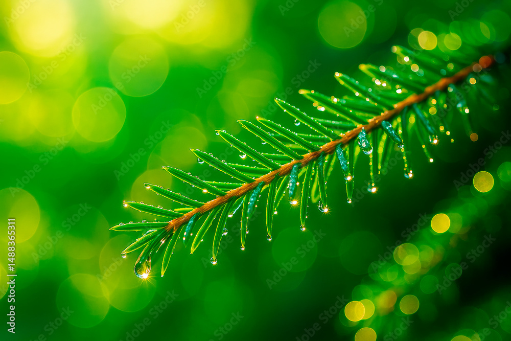 Poster Close-up of pine tree branch with raindrops on needles against glowing green bokeh background in soft natural light. Ai generative.