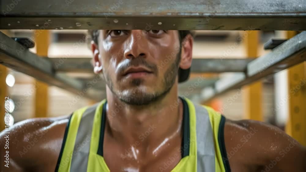 Poster sweaty construction worker taking a break under metal scaffolding