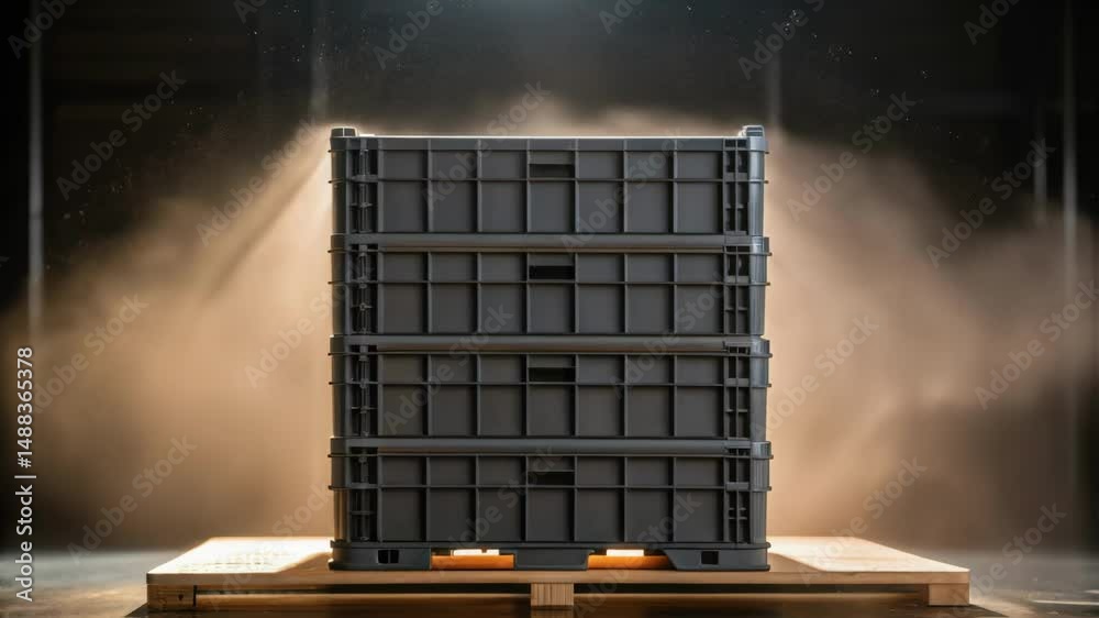 Poster Dust settling on stacked plastic crates on pallet in warehouse