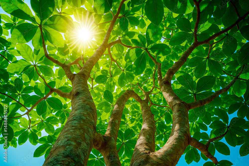Poster sunlight filtering through lush green tropical tree leaves from below, creating a vibrant natural ca