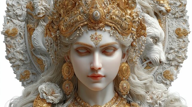 Goddess durga in serene expression artistic sculpture spiritual environment close-up view divine beauty