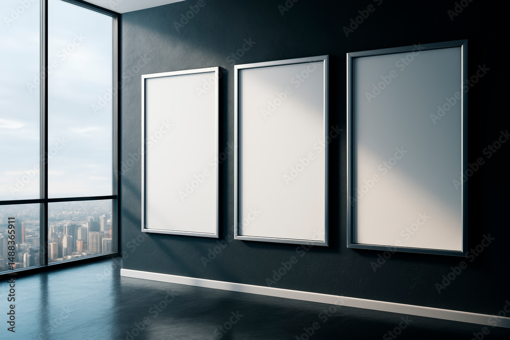 Poster three blank vertical poster frames on dark wall in modern room corner with city view and natural lig