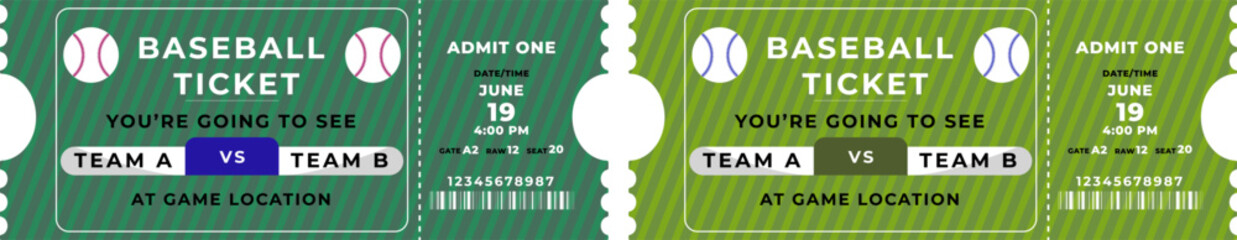 Two Baseball Game Tickets Team A versus Team B Admit One Game Location © IllustraVault
