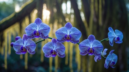 Flora of blue orchids amidst garden trees showcasing botanical beauty
