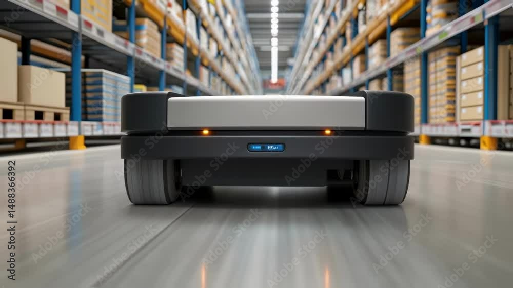 Poster autonomous mobile robot moving through warehouse aisles