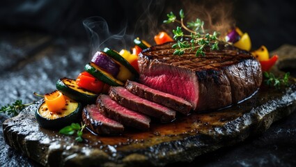 Traditional dry aged Wagyu porterhouse beef steak for barbecue, accompanied by grilled vegetables and spices, sliced and displayed on a rustic board in close-up