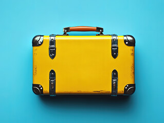 Vintage Yellow Suitcase on Blue Background