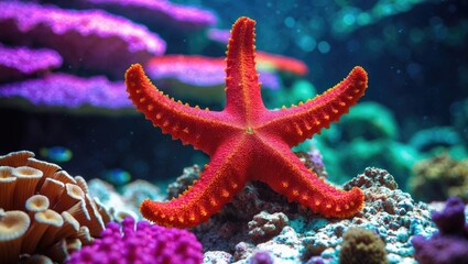Red starfish against a coral backdrop on the ocean floor