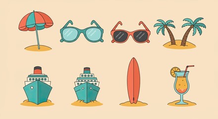 Flat Summer Vacation Icons Set, Travel Illustration