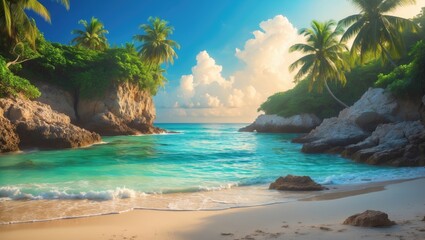 Seaside backdrop featuring tropical ocean rocks and palm trees in clear blue water. Cartoon depiction of a sandy shore, a natural setting, a holiday destination, and a paradise.