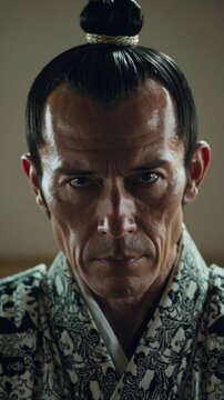 Homme en kimono avec chonmage, regard intense et solennel en int&eacute;rieur

