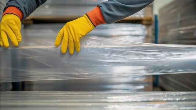 Warehouse worker wrapping pallet with stretch film