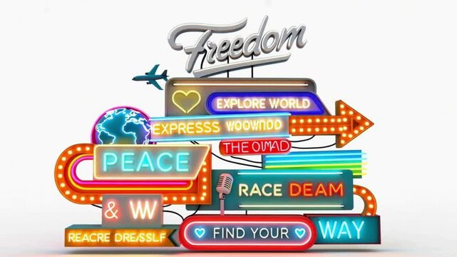 colagem art&iacute;stica de placas retr&ocirc; coloridas e empilhadas, inspiradas em Las Vegas e na propaganda vintage da Airstream