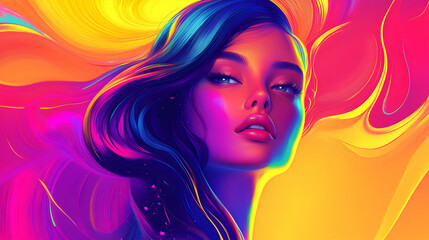 Vibrant portrait of a woman, bathed in radiant, dreamlike hues of a digital canvas